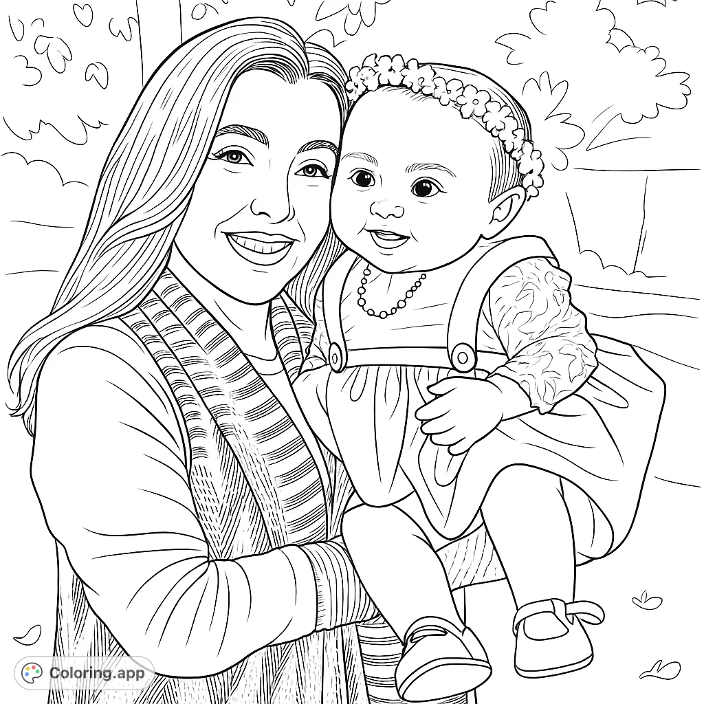 A heartwarming mother and baby coloring page, featuring a smiling duo in a tender embrace, perfect for celebrating family bonds.