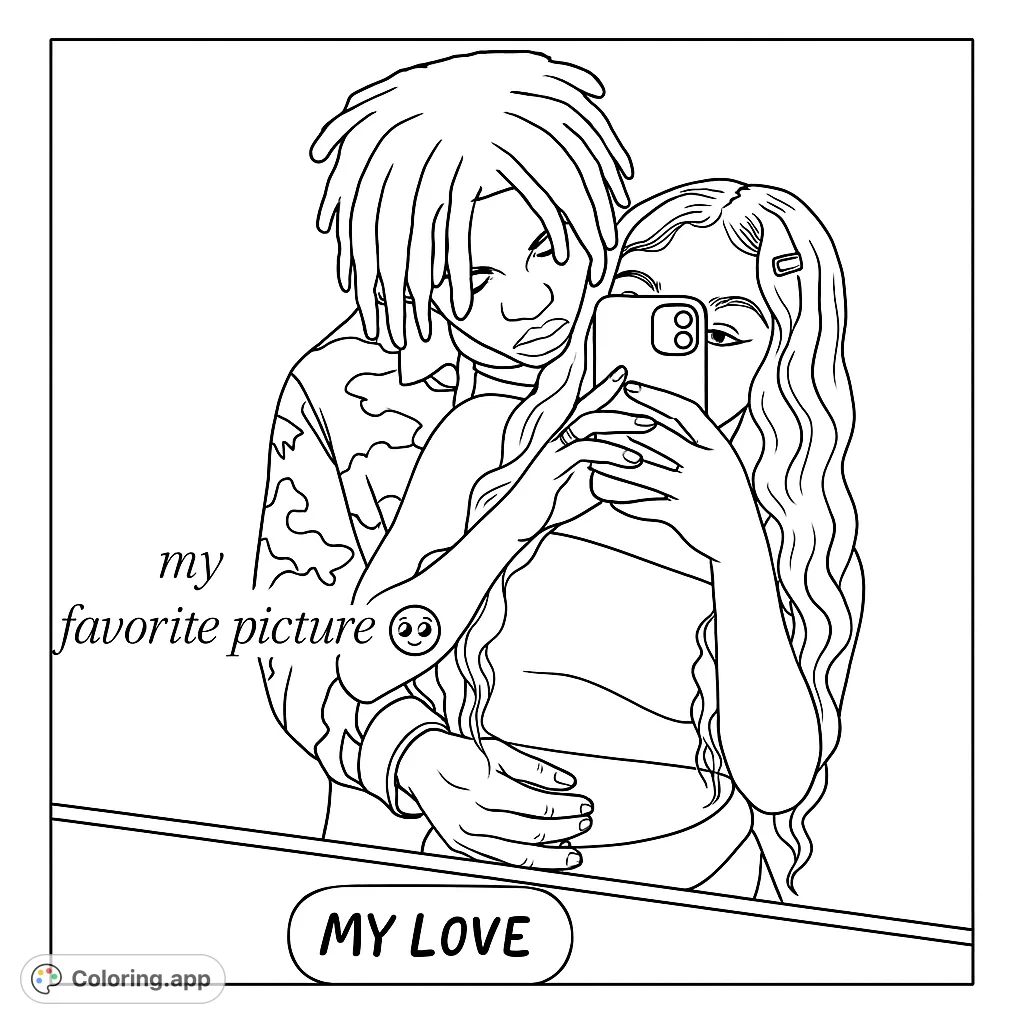 A modern couple captures a sweet moment, perfect for a romantic couple coloring page. Features intricate hair and clothing details.