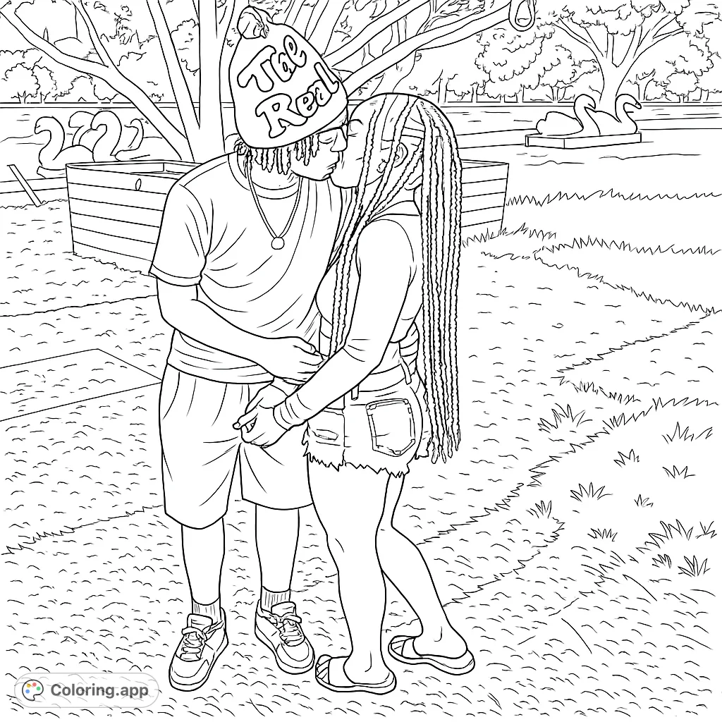 A tender moment captured: a young couple shares a kiss in a park, perfect for a romantic couple coloring page. Free printable coloring page for all ages.
