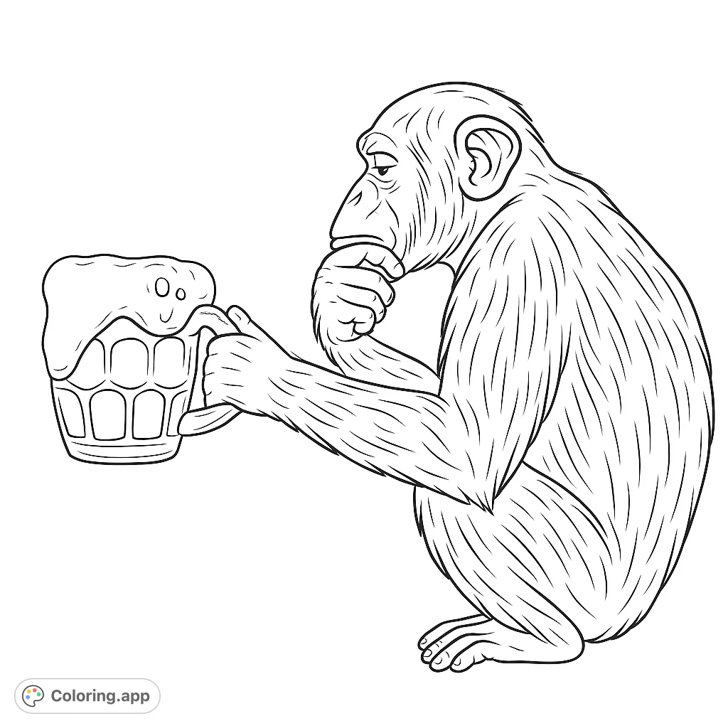A thoughtful chimpanzee holds a frothy beer mug, featuring detailed fur and a pensive expression. A unique and engaging animal coloring page.