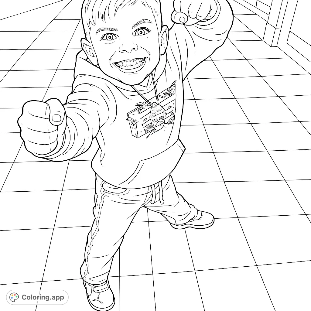 A joyful boy in a dynamic pose, fists raised, smiling brightly. Perfect for a fun, energetic coloring experience on a free printable coloring page!