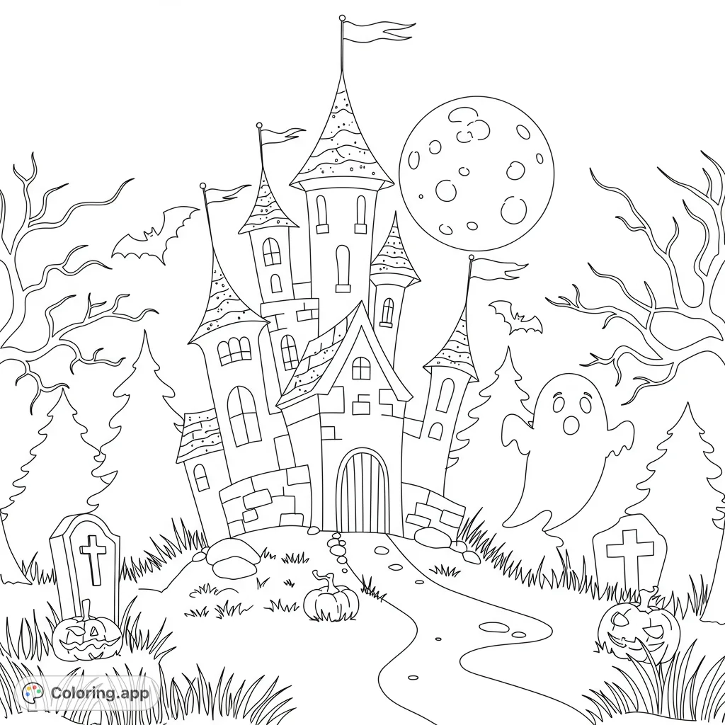 Enter a whimsical Halloween castle scene with a friendly ghost, flying bats, and jack-o'-lanterns under a full moon. Perfect for spooky fun!
