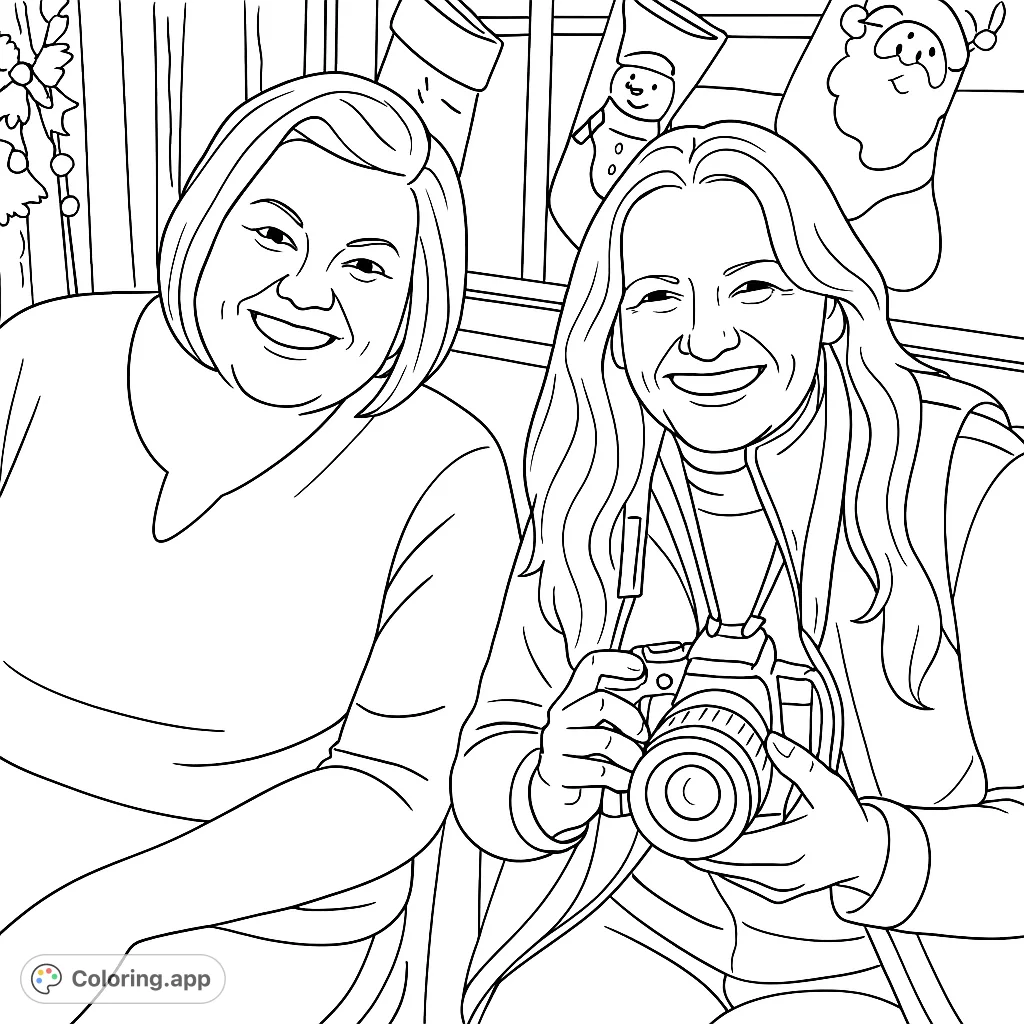 Capture holiday joy with this festive friends portrait coloring page. Two smiling women, one with a camera, surrounded by Christmas cheer.