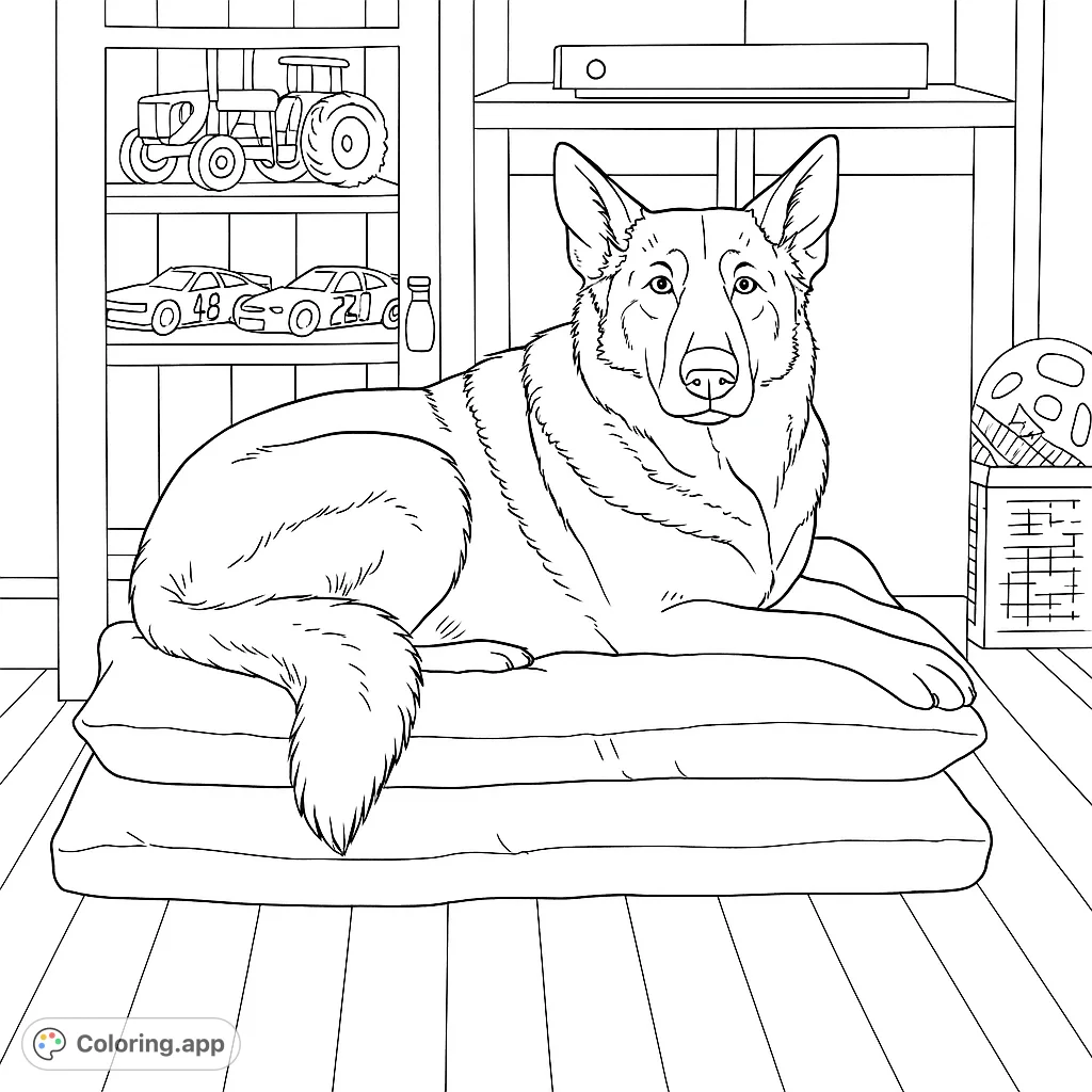 Detailed coloring page of a majestic German Shepherd dog relaxing on its comfy bed. A great activity for dog lovers of all ages!