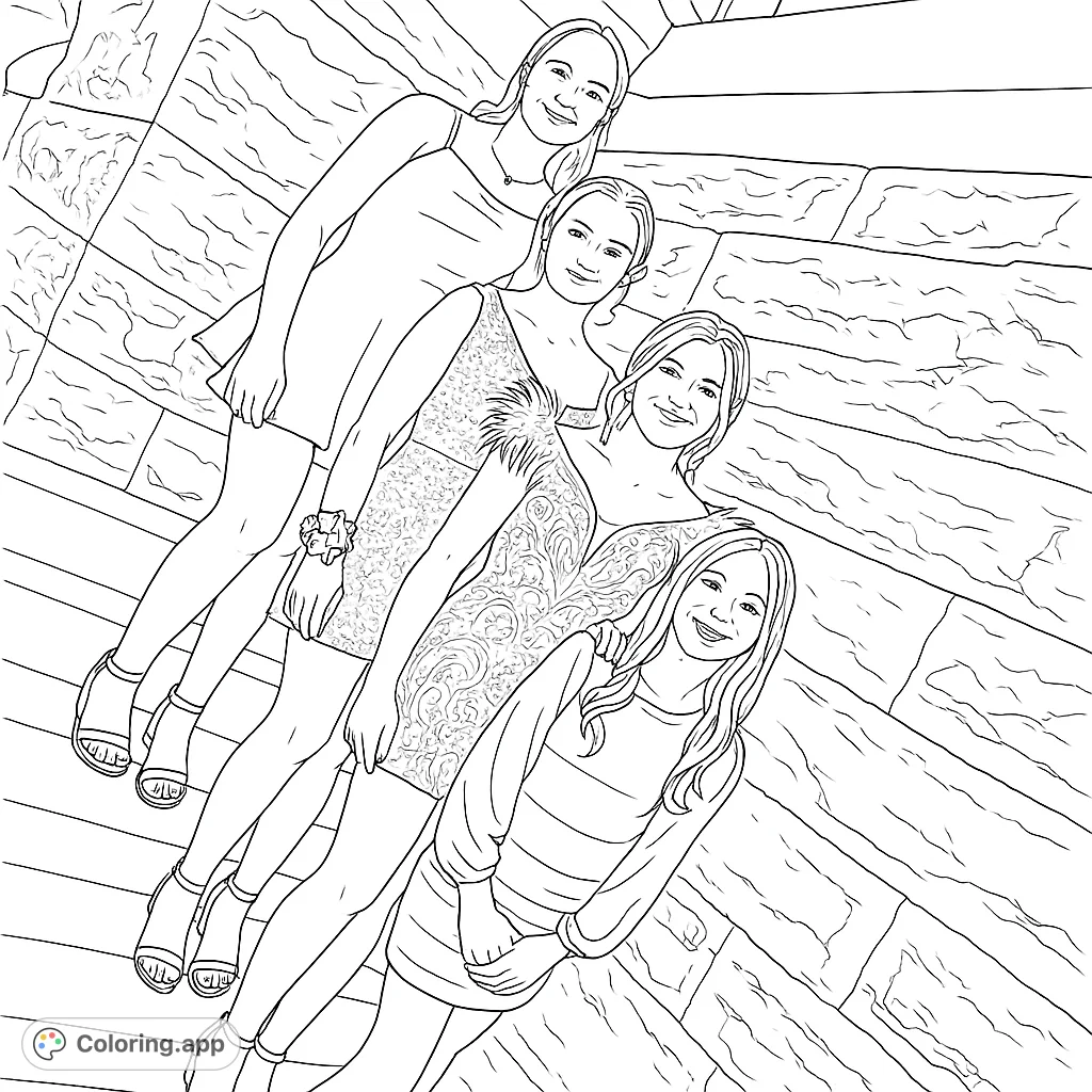 A group of girls in dresses pose on stone steps. A fun coloring page for teens and young adults who love fashion and special events.