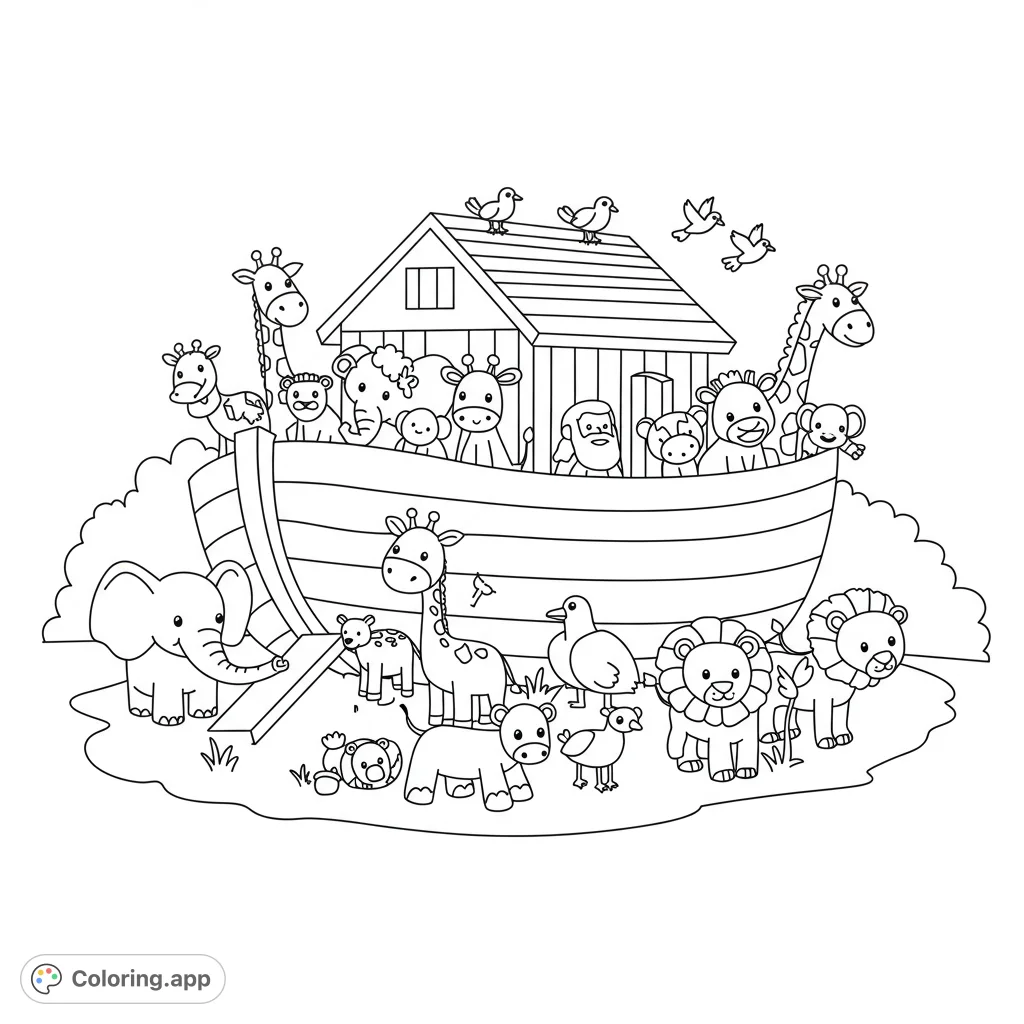 A delightful Noah's Ark scene with pairs of cute animals and Noah, perfect for a fun and educational coloring experience for all ages.