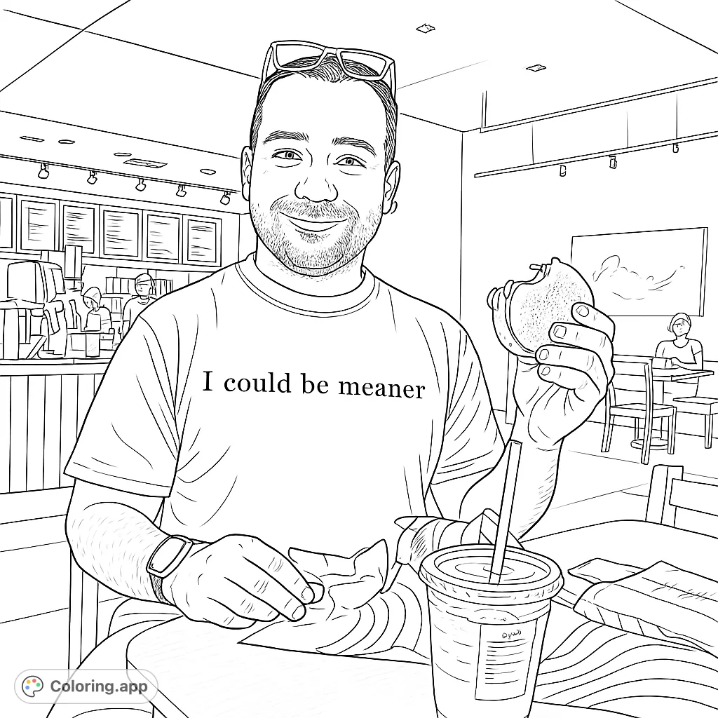 A friendly man smiles while enjoying a meal and drink in a bustling cafe setting, perfect for a relaxing coloring session.
