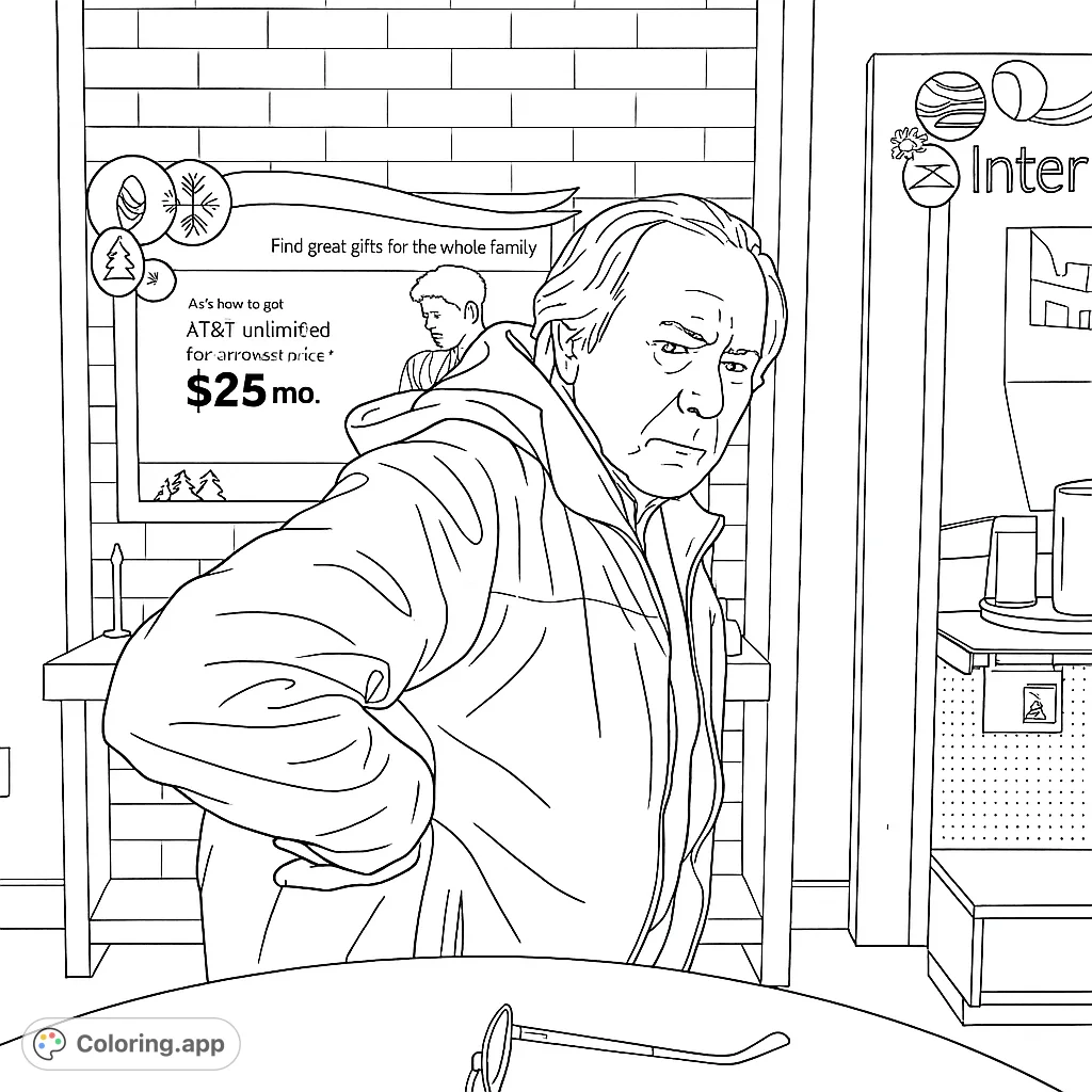 A man in a jacket stands in front of an AT&T advertisement. The image has a modern, realistic style.