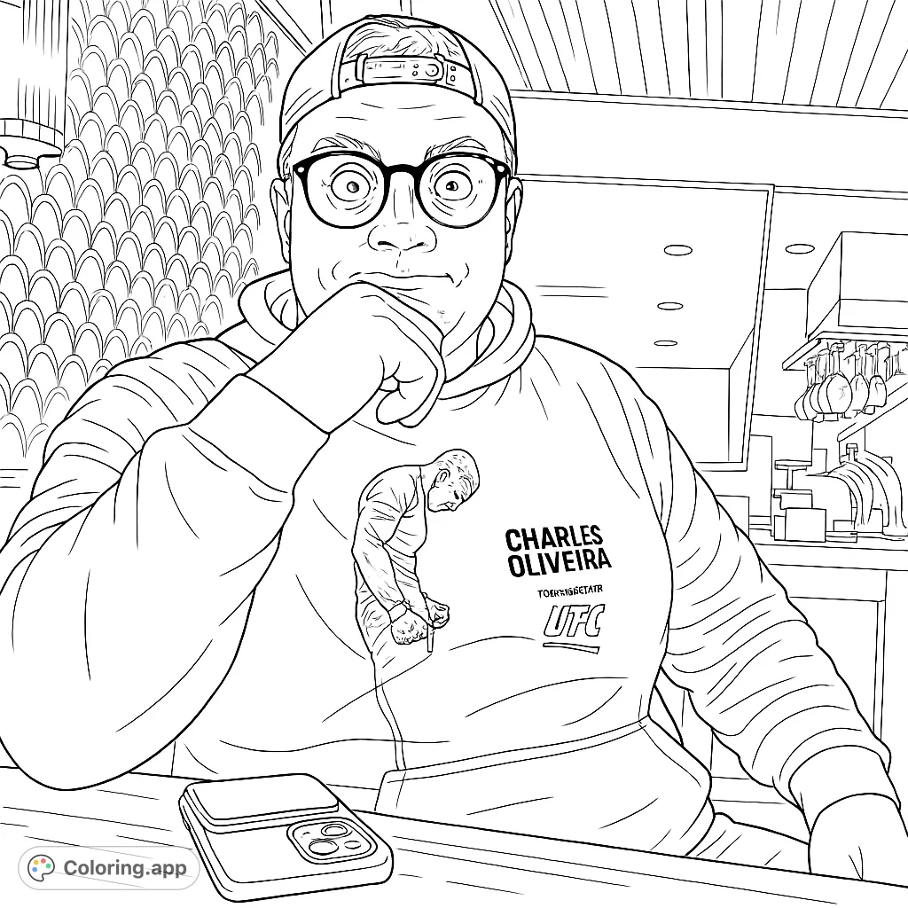 Expressive portrait coloring page. A man with glasses and a hoodie strikes a thoughtful pose.