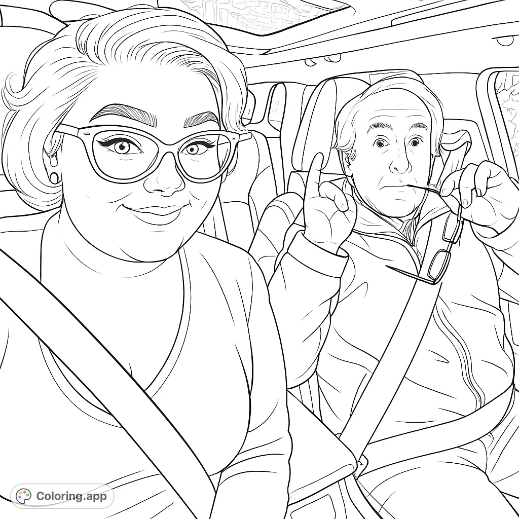 A fun coloring page of a selfie of a woman and a man in a car. Great for adults and older kids who enjoy coloring people and portraits.