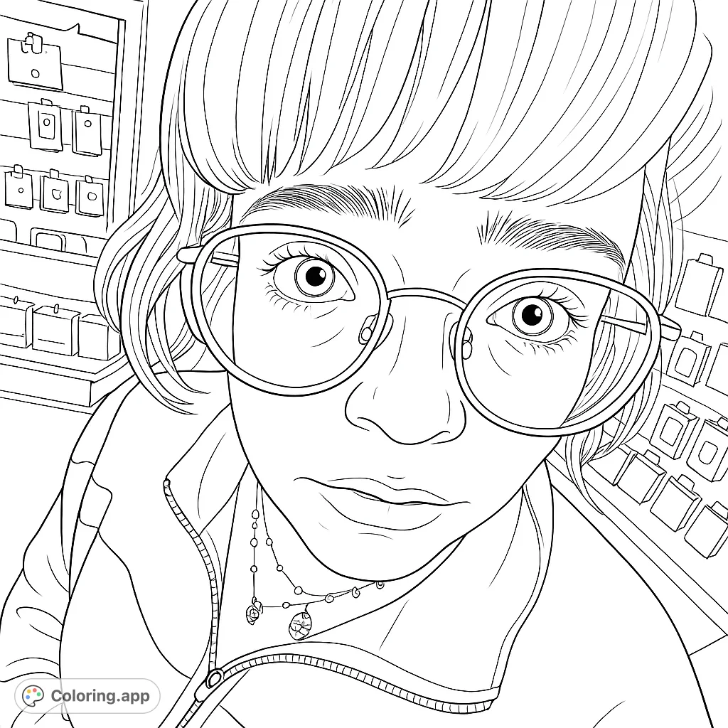 Expressive portrait coloring page featuring a woman with glasses and layered necklaces. A modern and stylish design for creative coloring fun.