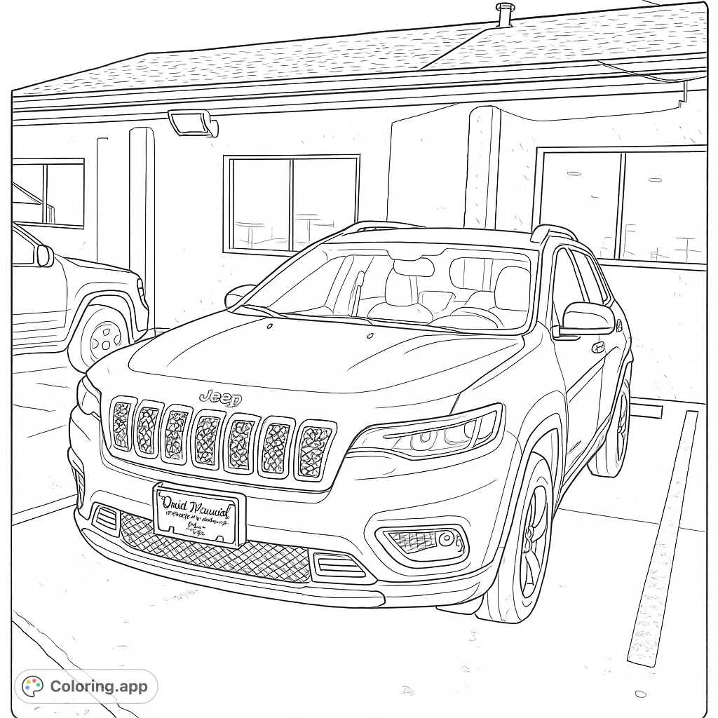 Detailed line art of a Jeep Cherokee. A fun coloring activity for car enthusiasts of all ages.