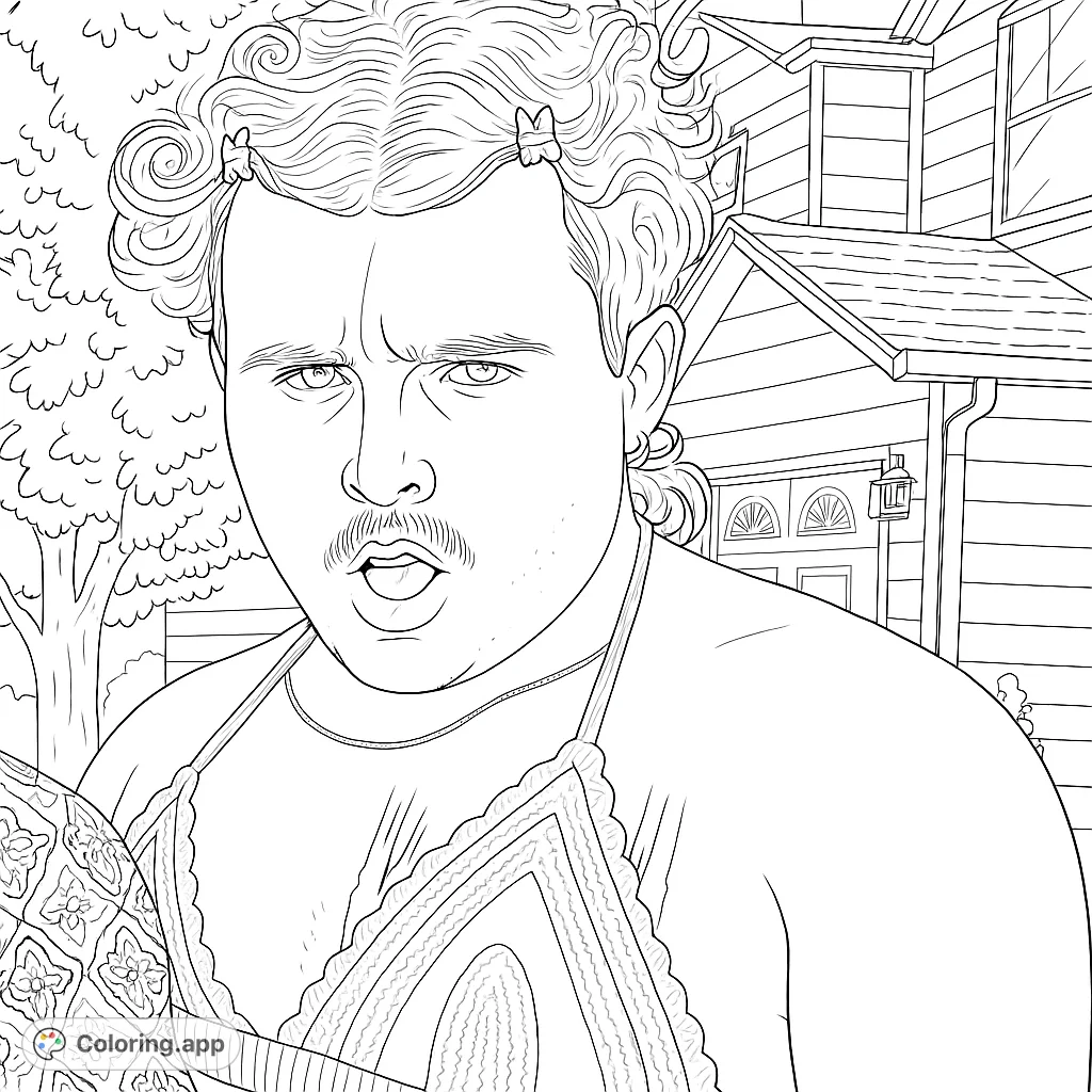 A unique character with curly hair, mustache, and bikini top in a suburban setting. A fun, free printable coloring page for all ages.