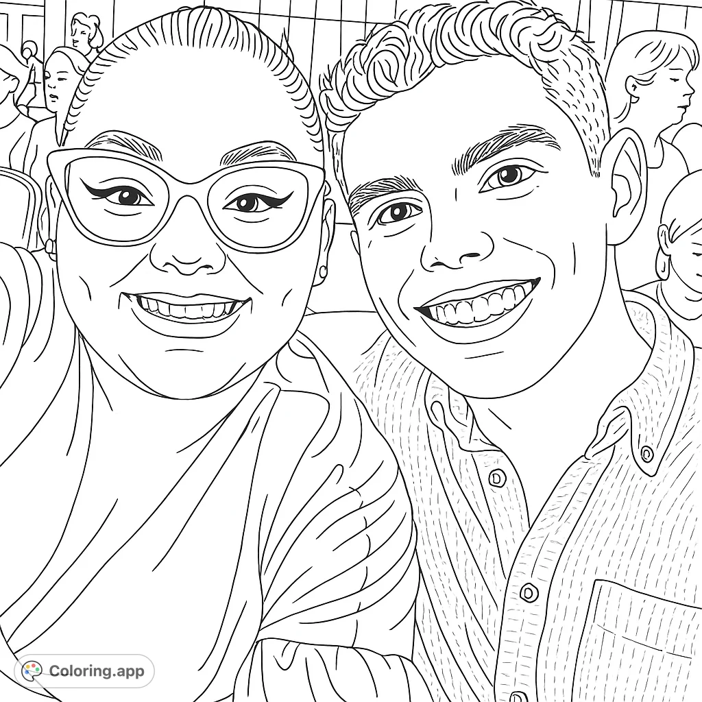 A heartwarming free printable portrait coloring page featuring two smiling individuals, perfect for personalizing with vibrant colors. Great for all ages!