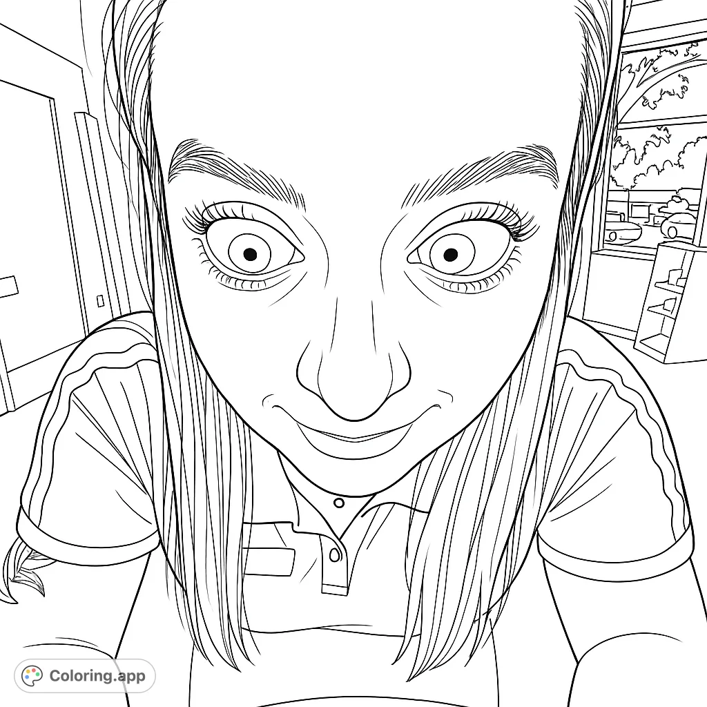 A unique wide-angle portrait coloring page featuring a person's expressive face with large eyes and a subtle smile, perfect for creative coloring.