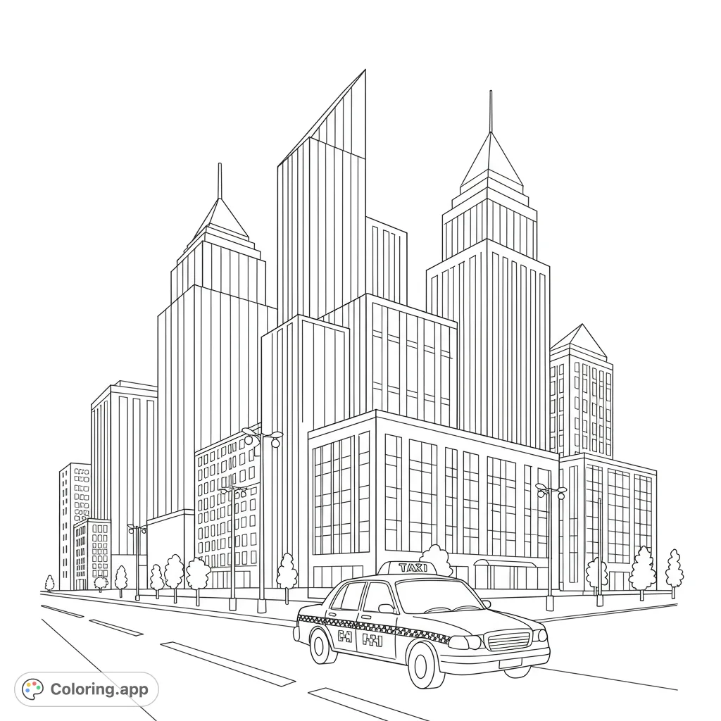 A black and white coloring page featuring a city skyline with skyscrapers and a taxi cab driving on the street. Perfect for kids and adults to color.