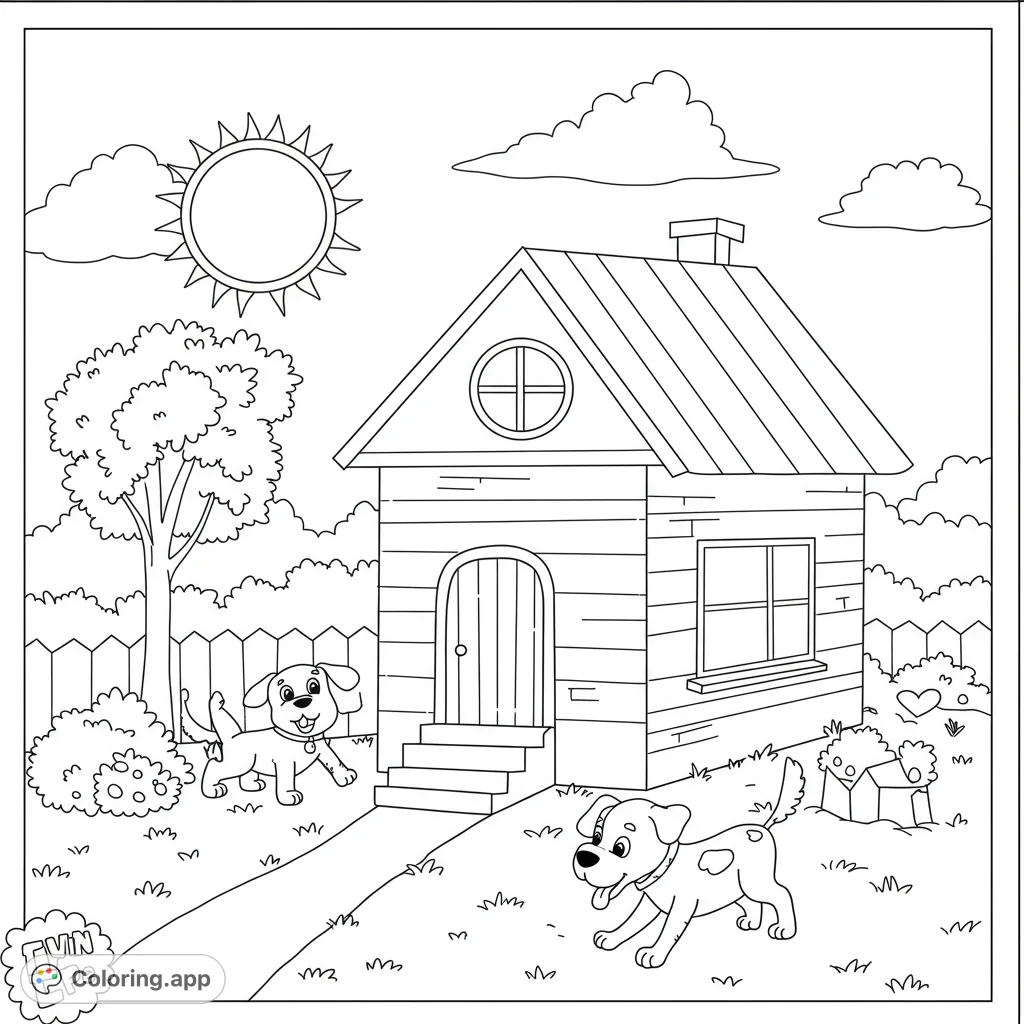 A delightful scene featuring two playful puppies outside a cozy house with a tree and fence under a sunny sky. Perfect for kids!