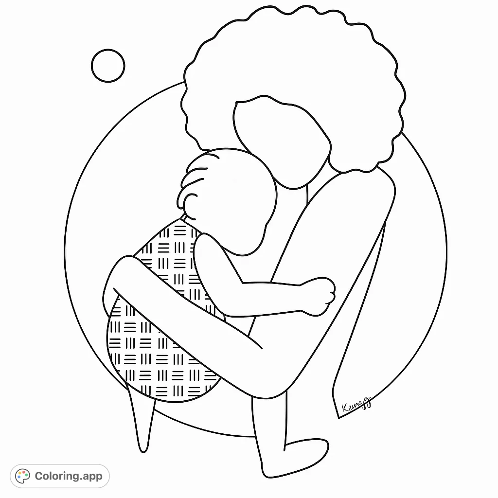 A heartwarming coloring page of a mother embracing her child. This tender moment is captured in a modern, minimalist style.