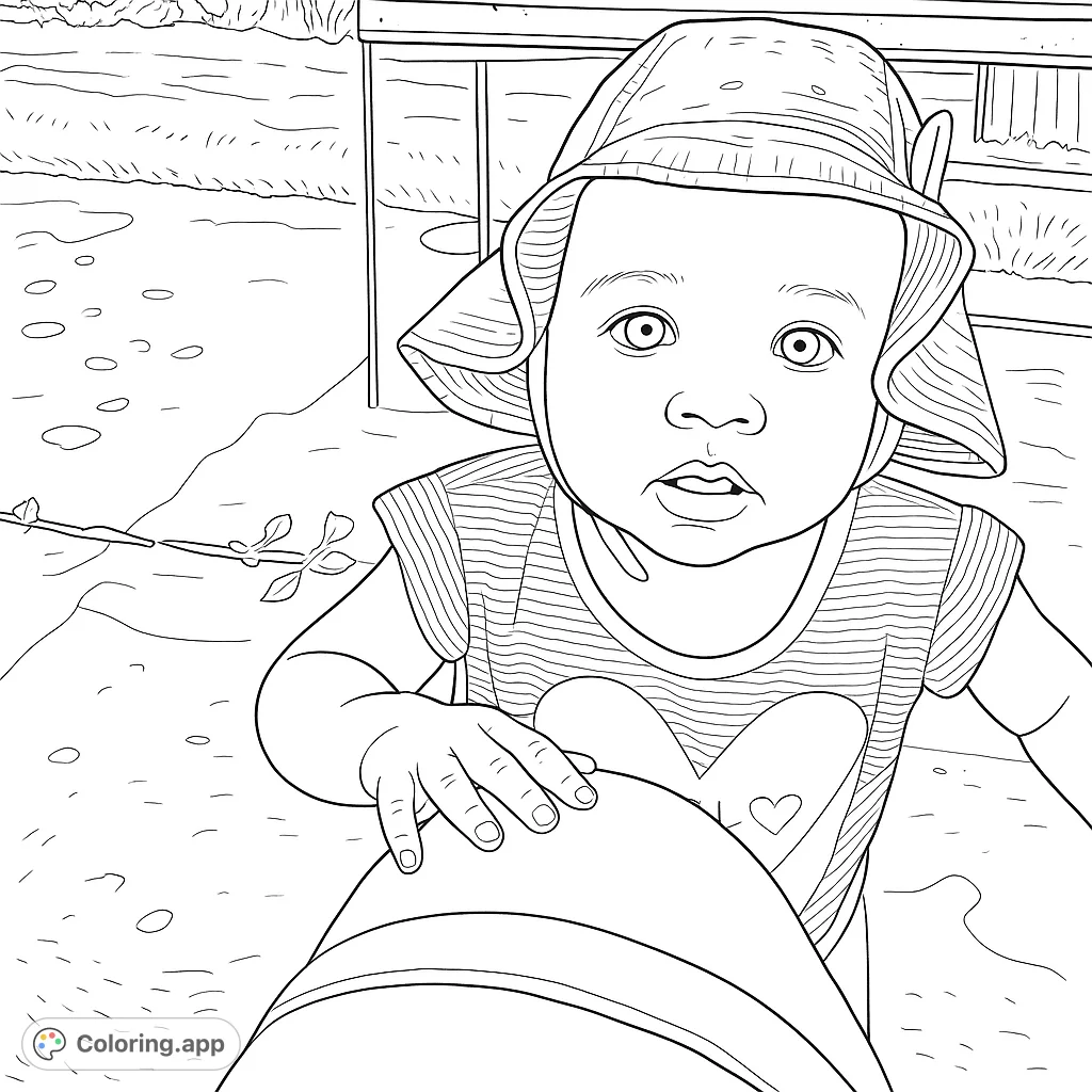 An adorable baby in a sun hat and striped shirt, looking curiously forward. A charming baby coloring page, free printable, perfect for kids and adults.
