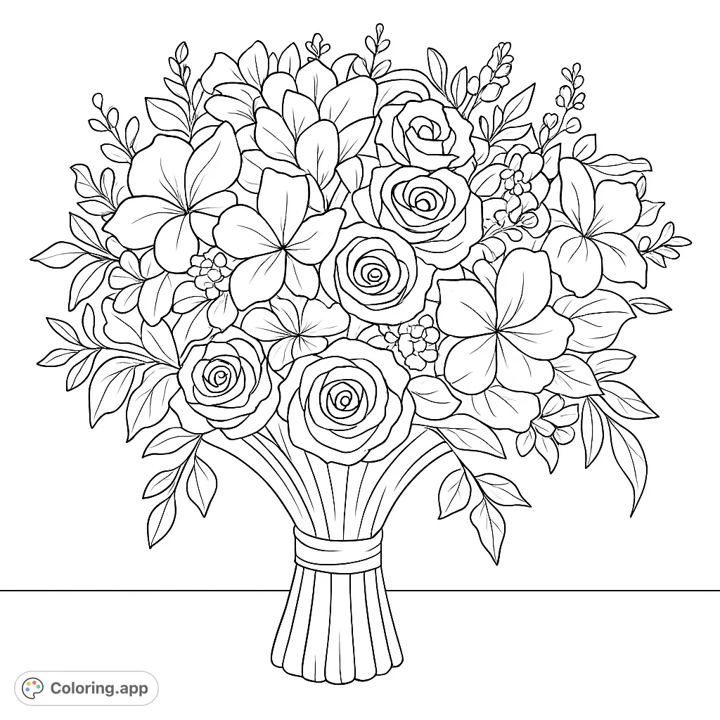 A beautiful floral bouquet coloring page featuring roses, various blossoms, and lush leaves, perfect for a relaxing creative escape.