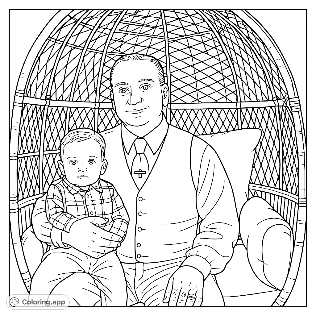 A heartwarming family coloring page featuring a man holding a baby in a detailed wicker chair, perfect for all ages and free printable coloring page fun.