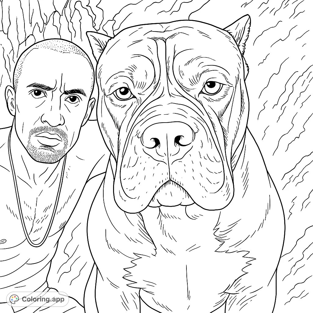 A powerful man and his loyal, muscular dog in a striking portrait. Perfect for pet lovers and those who appreciate strong bonds.