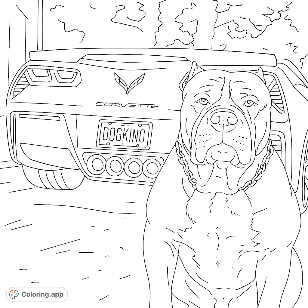 A powerful dog with a chain collar sits proudly in front of a sleek sports car, ready for a vibrant coloring adventure.