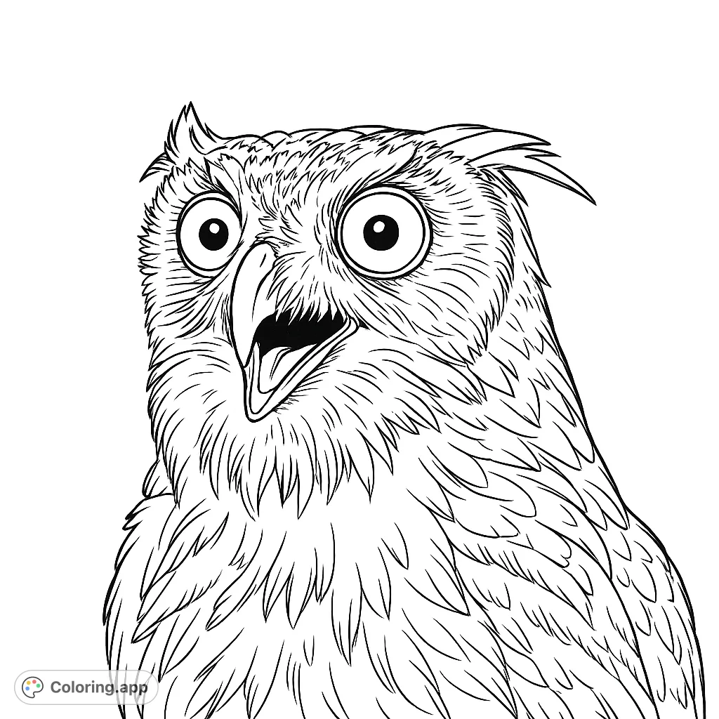 Detailed coloring page of an owl with large eyes and intricate feather patterns. A fun and educational activity for bird lovers of all ages.