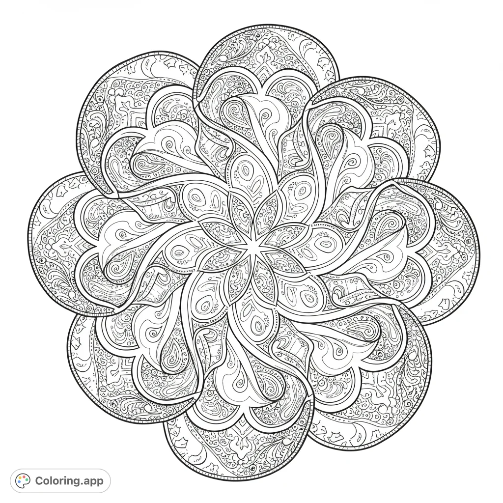 Discover an intricate floral paisley mandala coloring page. This free printable design offers complex patterns for mindful relaxation and creative expression for all ages.