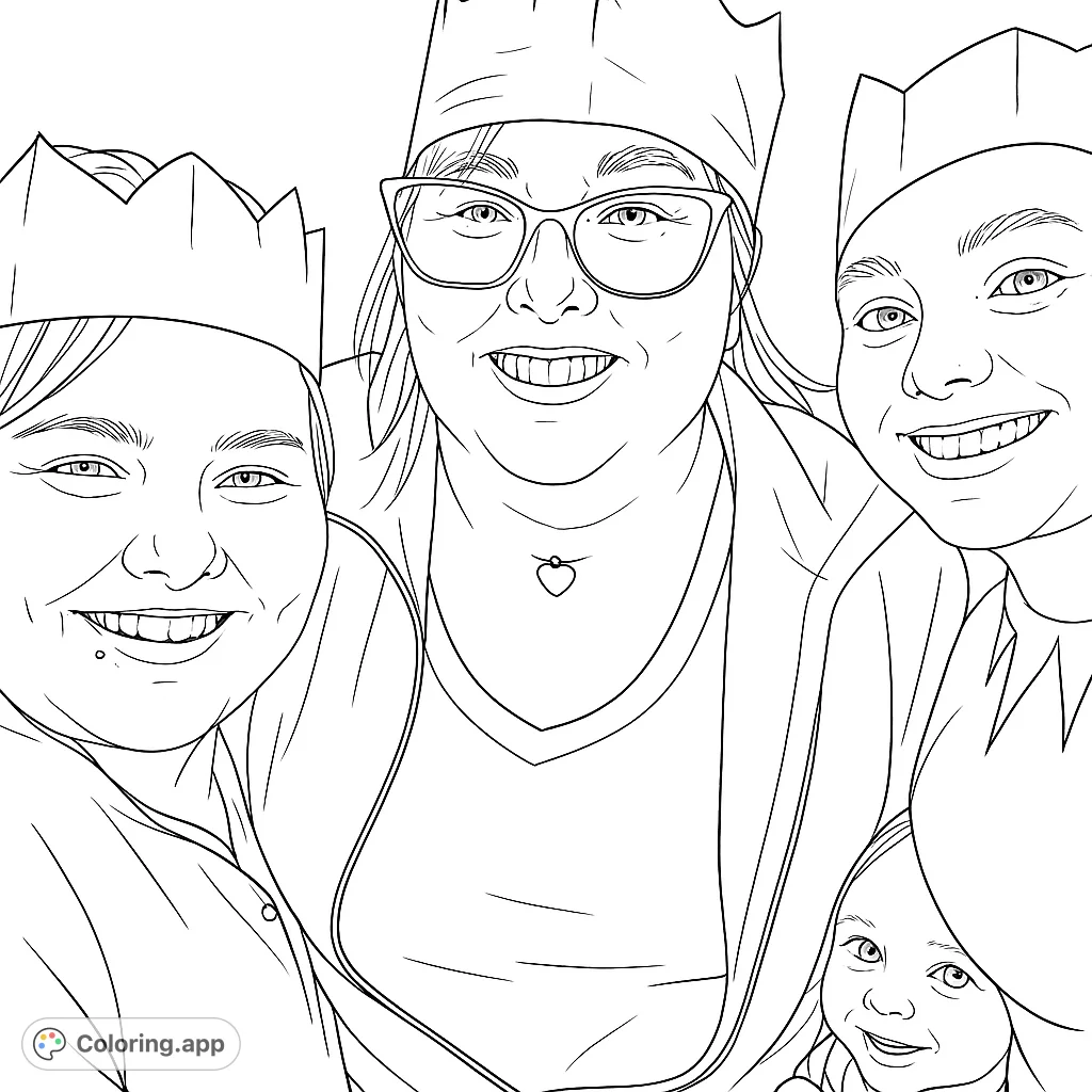 A joyful family portrait with four smiling faces wearing festive party hats, perfect for a free printable celebration coloring page.