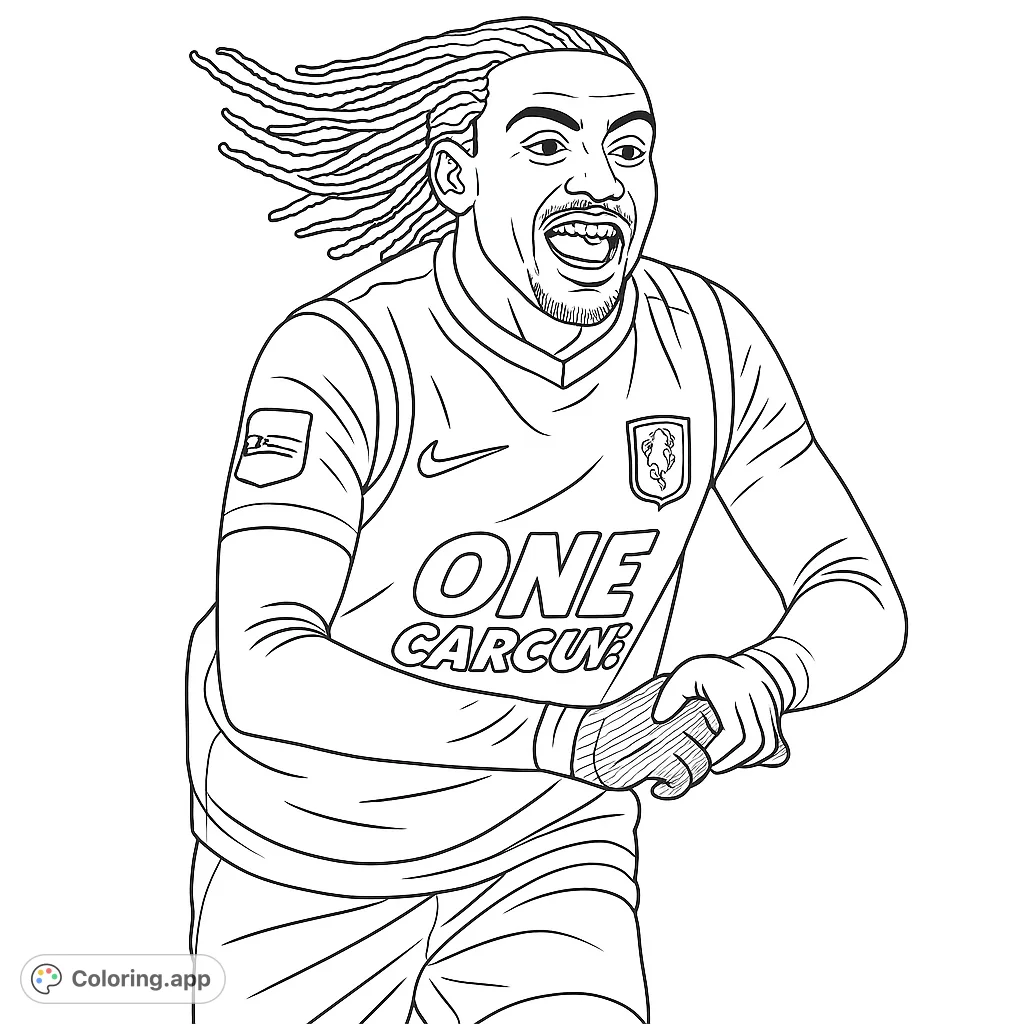 Cheering soccer player coloring page. A detailed illustration of a soccer player celebrating a goal.