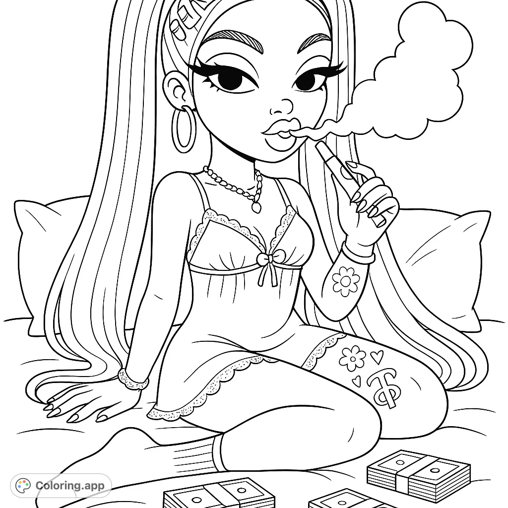 Color this cool girl with money! She's got tattoos, jewelry, and a vape.