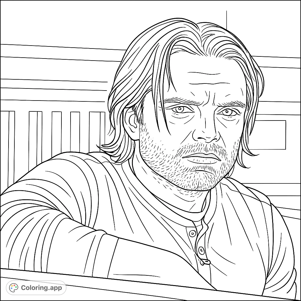Capture the intense gaze of a man with a serious expression and detailed features. A compelling portrait for thoughtful coloring.