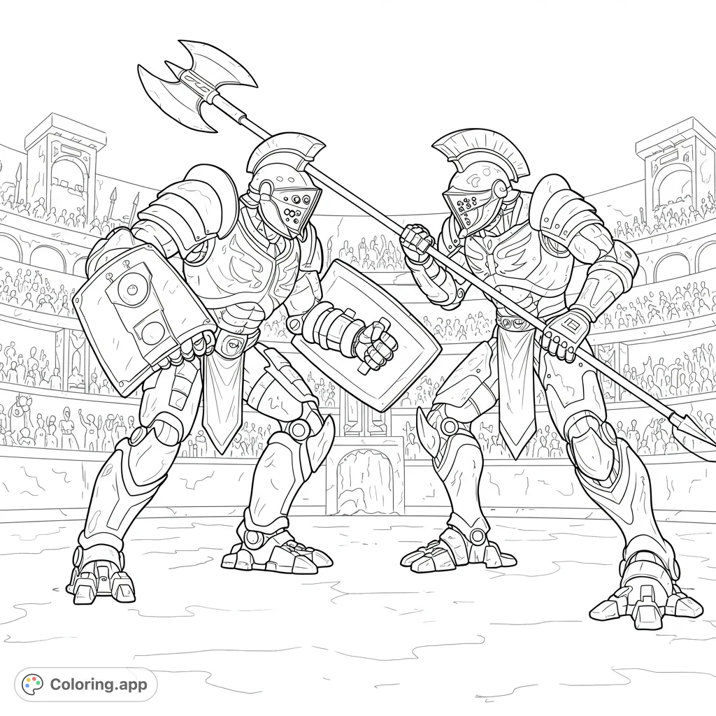 Epic gladiator robot battle coloring page! Featuring two giant robots in a detailed arena, perfect for kids and adults.