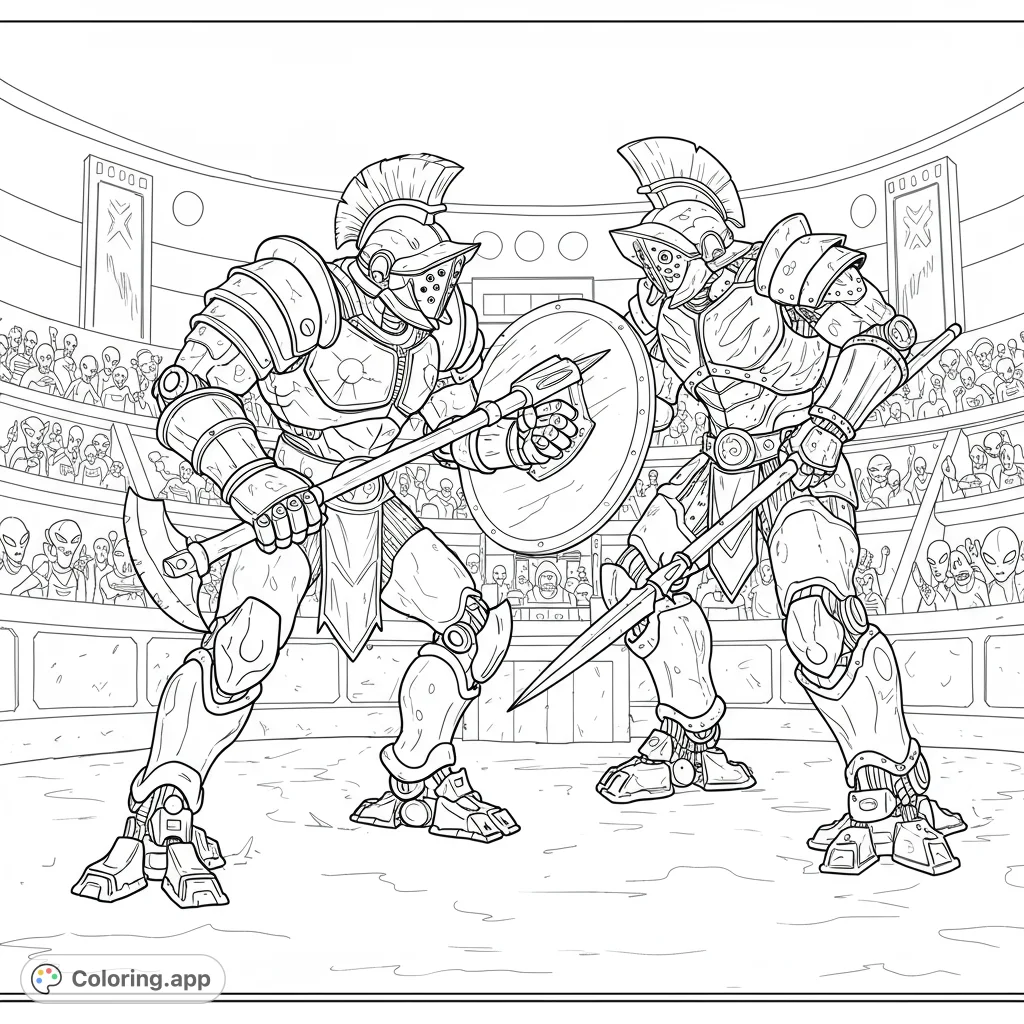 Epic gladiator robot battle coloring page! Features two giant robots in a detailed arena, perfect for kids and adults.