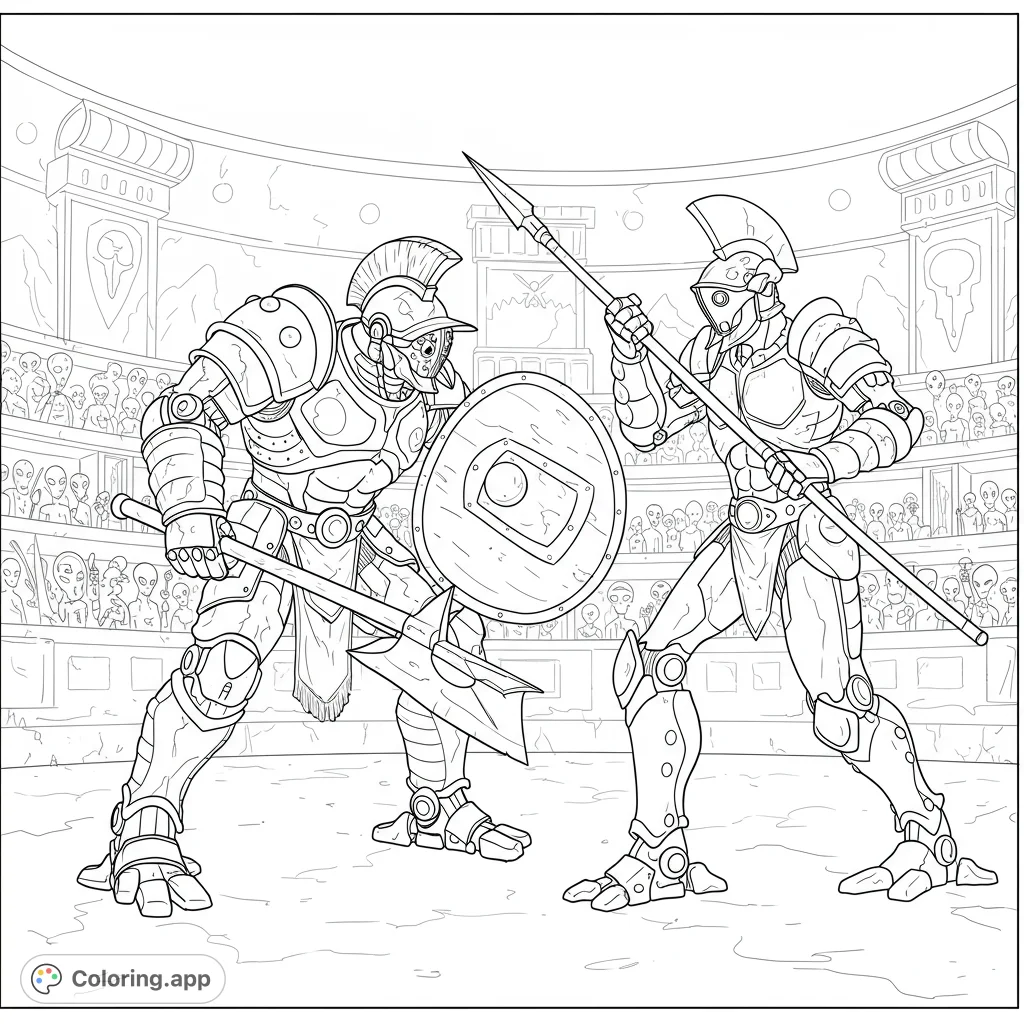 Epic futuristic gladiator battle in an alien arena. Two armored warriors clash before a crowd of extraterrestrial spectators.