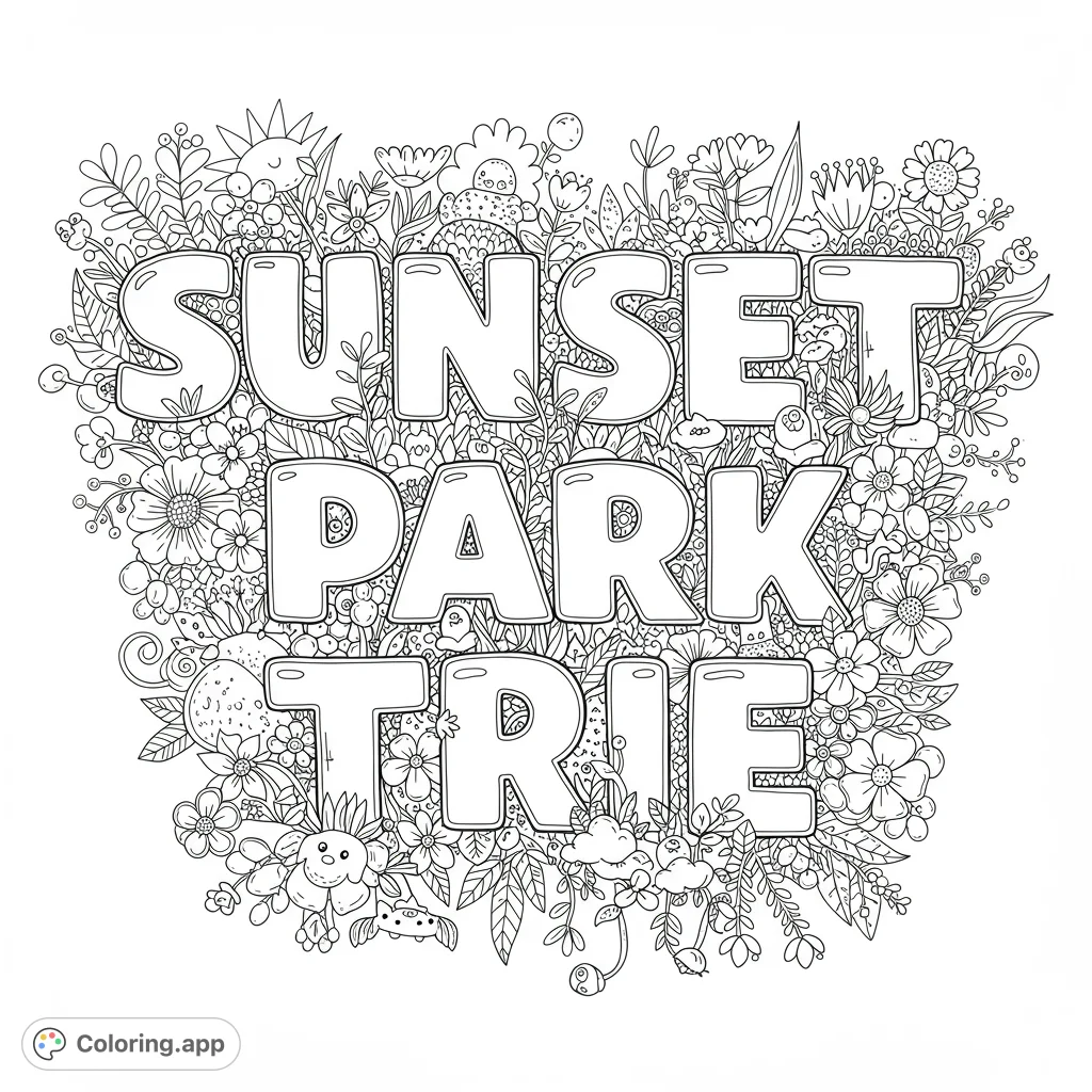 Sunset Park tribute in bubble letters with floral and doodle elements. A fun, detailed black and white line art coloring page for all ages.