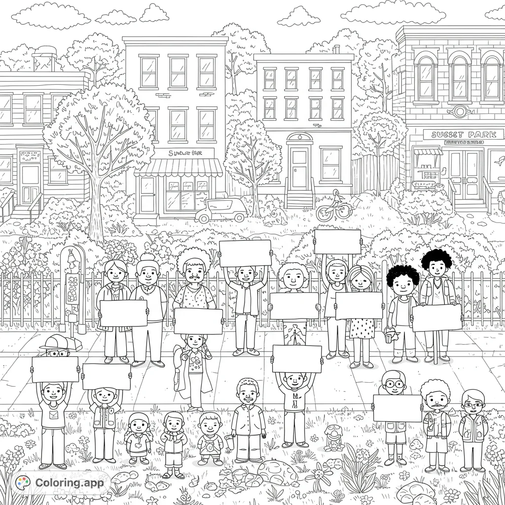 Sunset Park community coloring page. Features a diverse group of people holding hands, empty signs, trees, schools, and shops.
