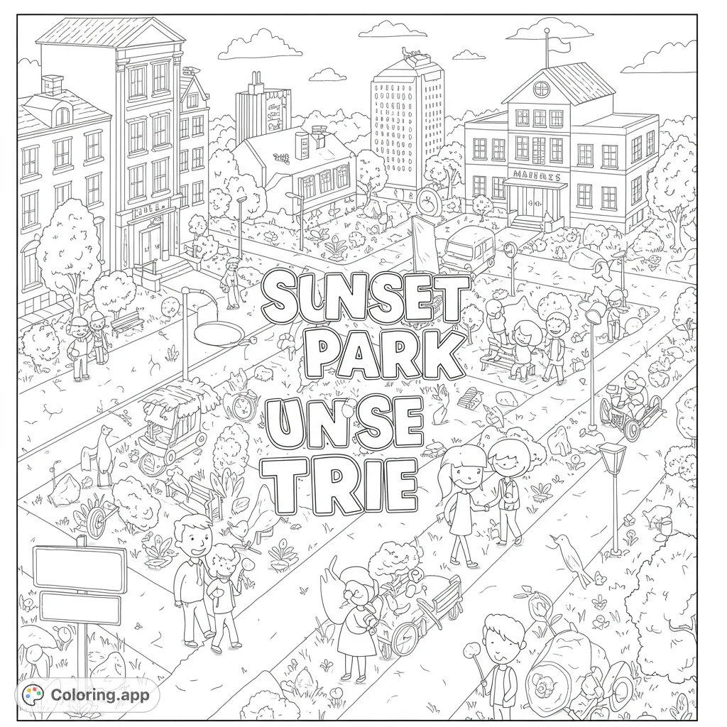 Sunset Park scene! A detailed black and white line drawing featuring a neighborhood with parks, schools, people holding hands, and empty signs.