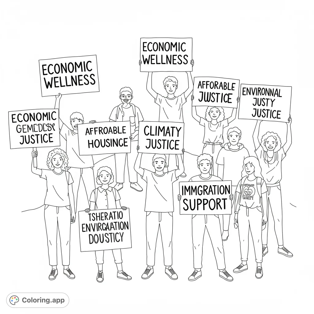 Coloring page featuring silhouettes of people holding signs with messages of social justice. Includes themes of economic wellness, racial equity, and climate justice.