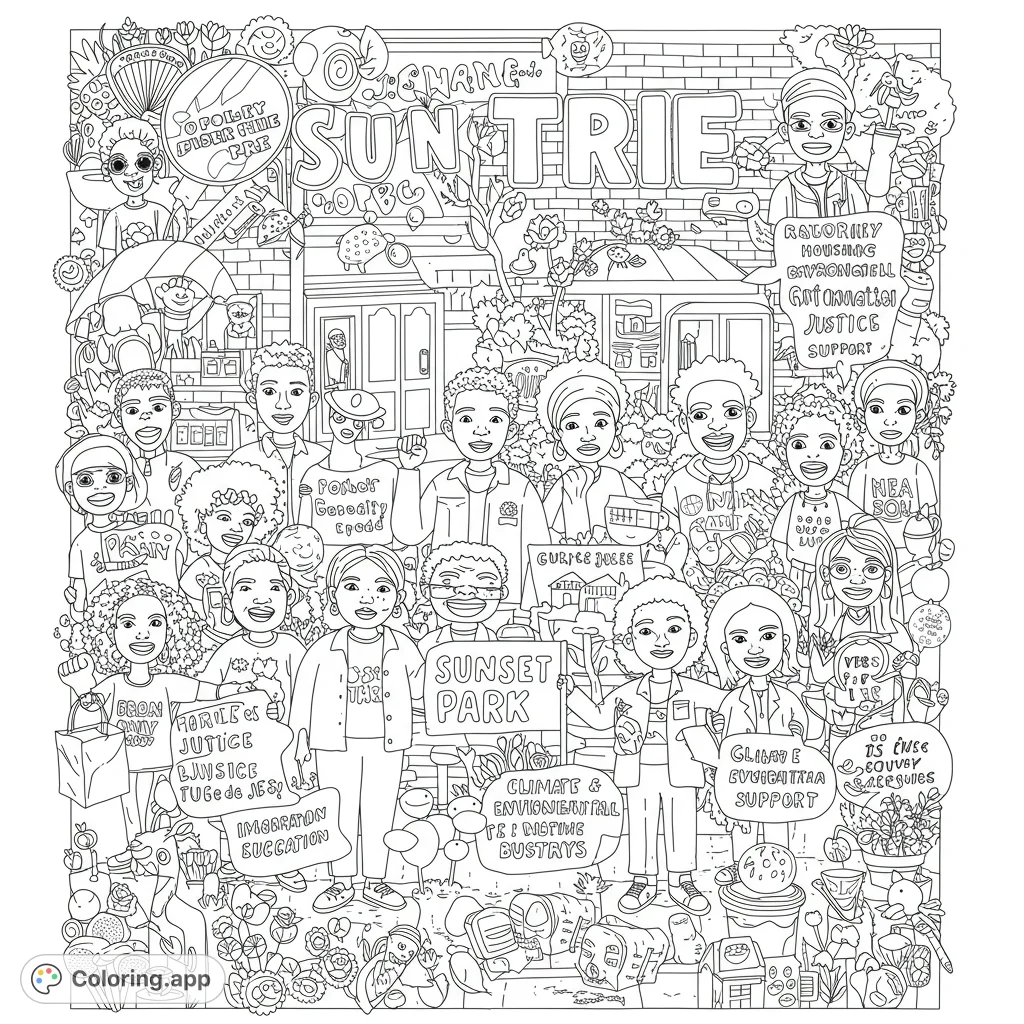 Celebrate unity with this diverse community gathering coloring page. Features smiling people, urban backdrop, and positive symbols for a vibrant coloring experience.
