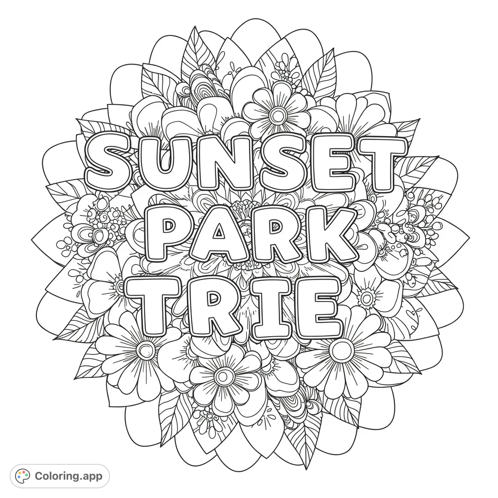 An intricate floral mandala coloring page featuring layers of detailed flowers and leaves, perfect for relaxation and creative expression.