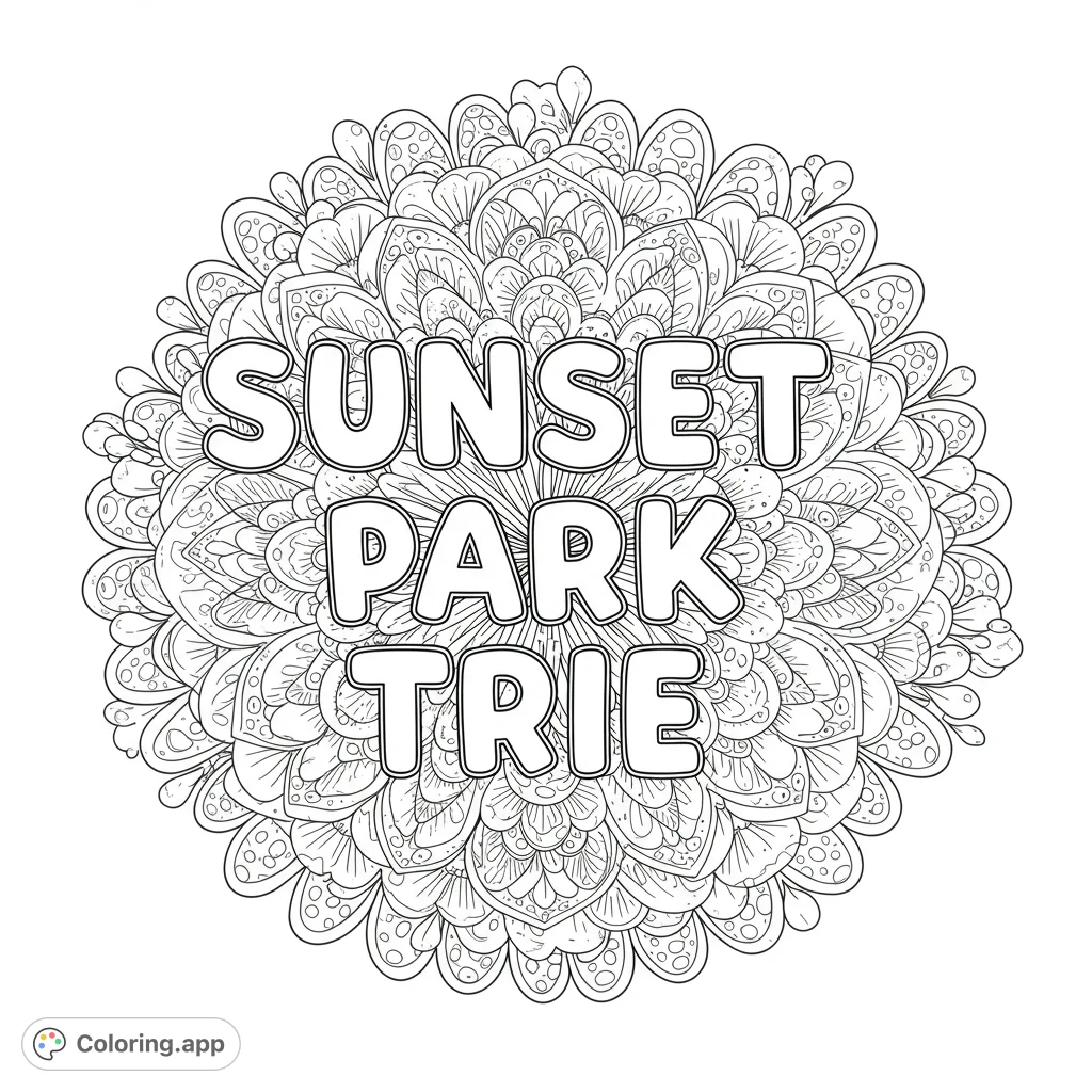 An intricate mandala coloring page featuring the bold text "SUNSET PARK TRIE" at its center, surrounded by detailed patterns.