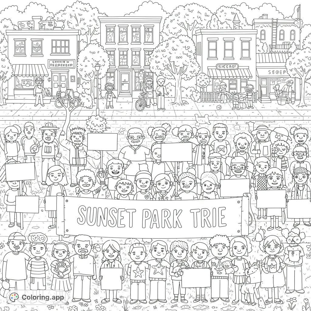A bustling community gathering coloring page featuring diverse adults and children holding signs and a banner against a city street background.