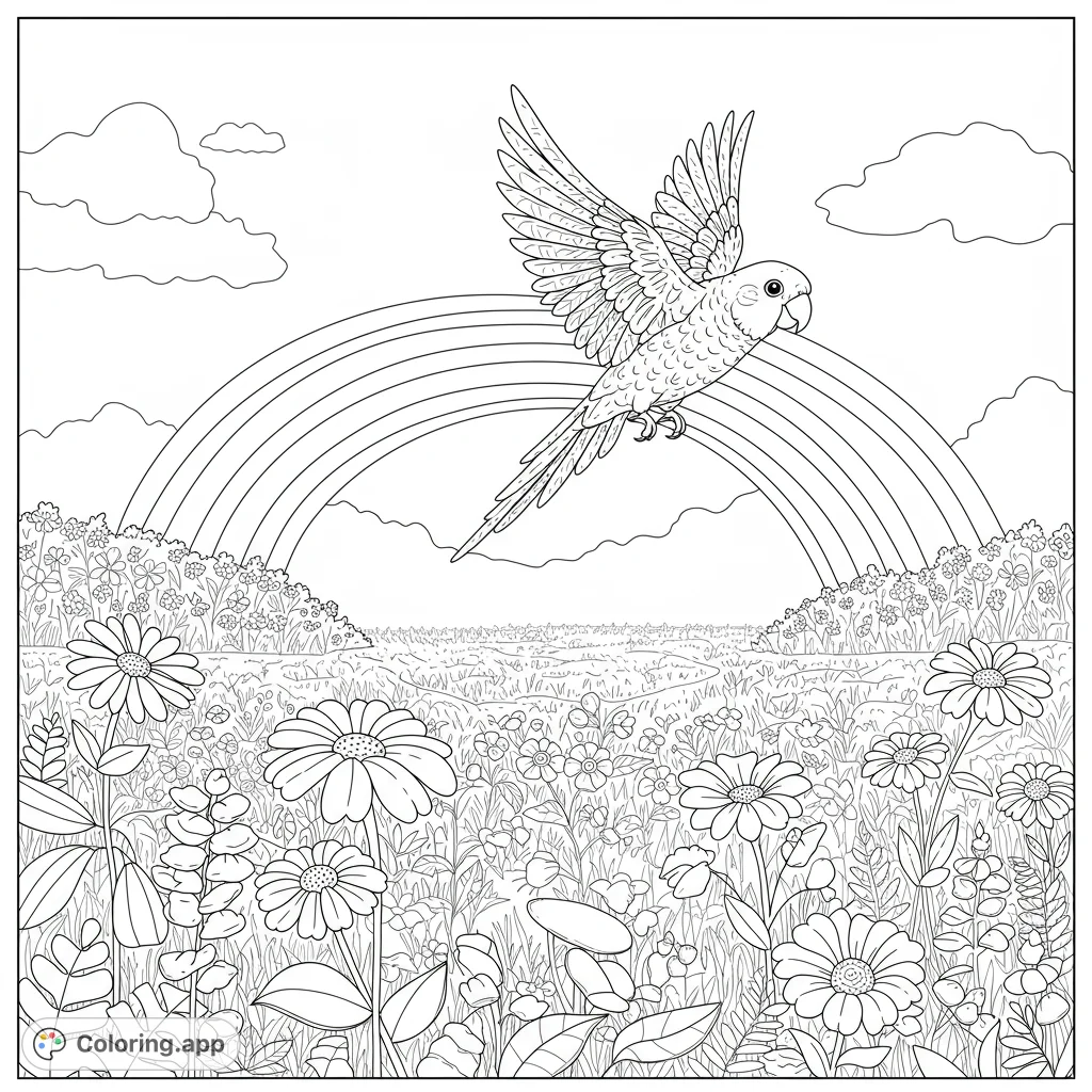 A vibrant nature scene featuring a parrot in flight over a field of detailed flowers and a rainbow. Perfect for a relaxing coloring experience.