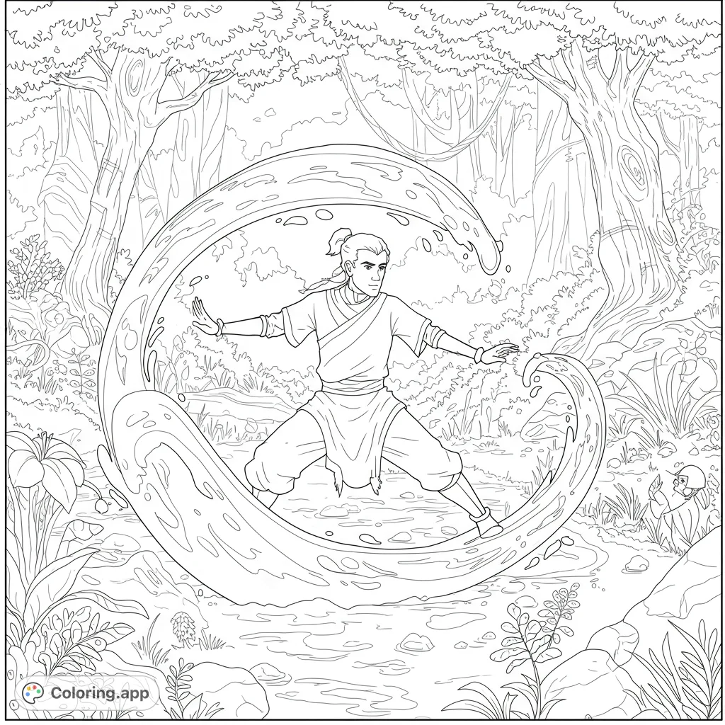Dynamic water bender in a lush jungle, surrounded by a swirling water vortex. A detailed, free printable fantasy coloring page for all ages.