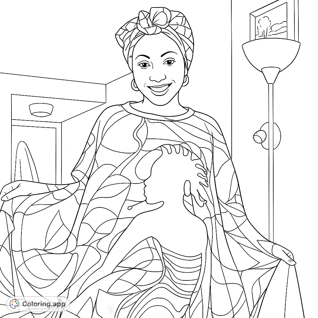 A beautiful woman in a vibrant headwrap and a flowing, patterned garment featuring a child's silhouette. A unique cultural portrait free printable coloring page.