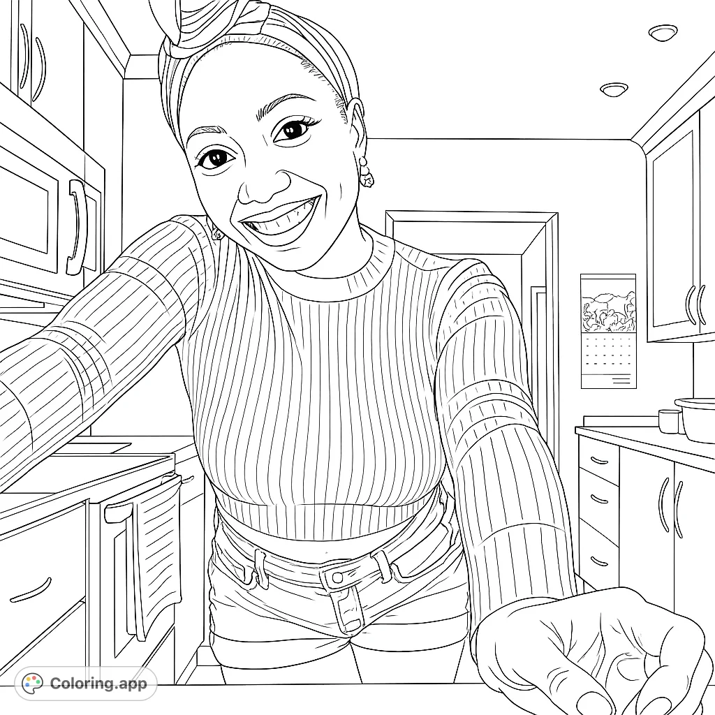 A cheerful woman takes a selfie in her kitchen, ready for a fun coloring adventure. Perfect for a free printable coloring page for adults and kids.