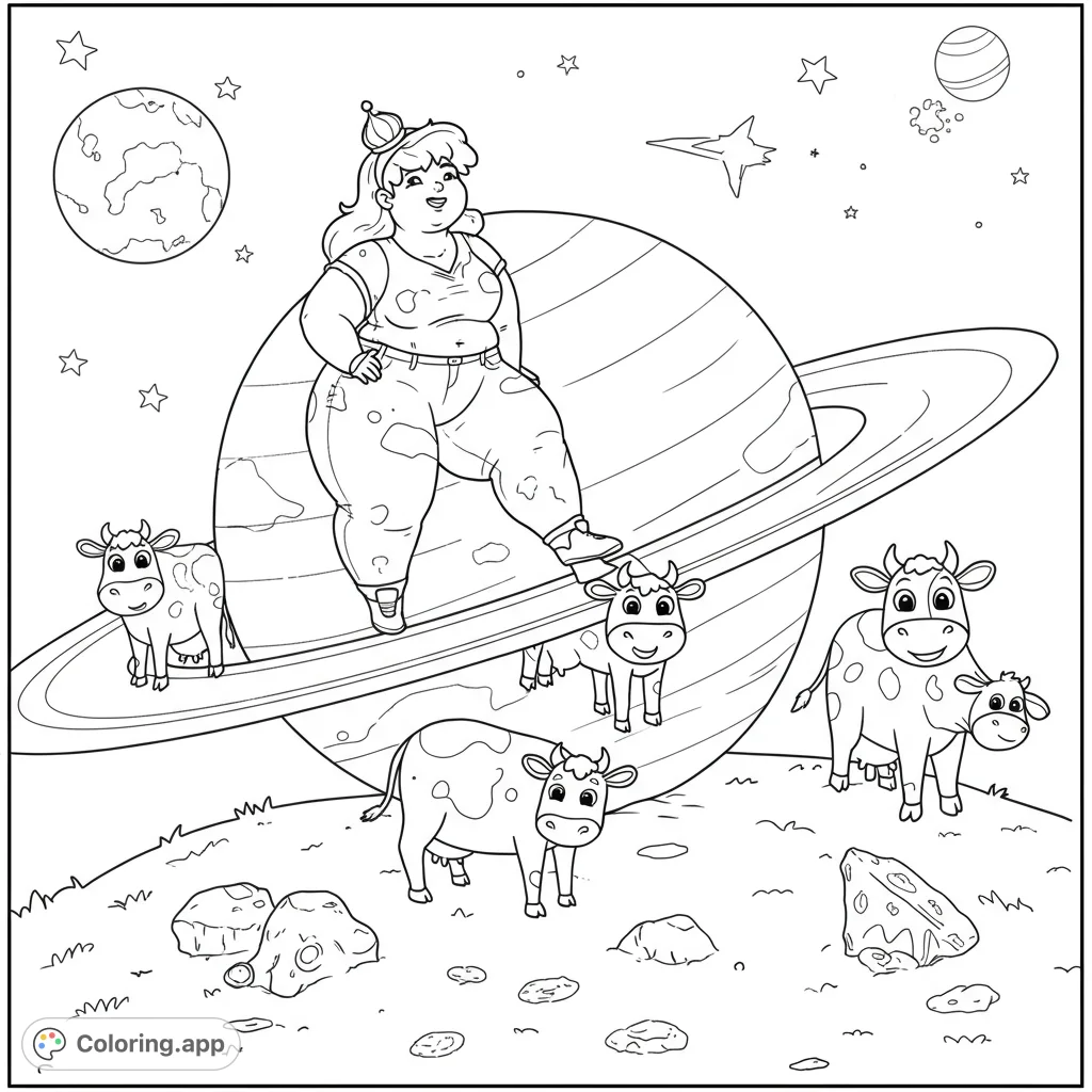 A whimsical space coloring page featuring a joyful woman and her cows on Saturn's rings, surrounded by stars and planets. A fun, free printable.