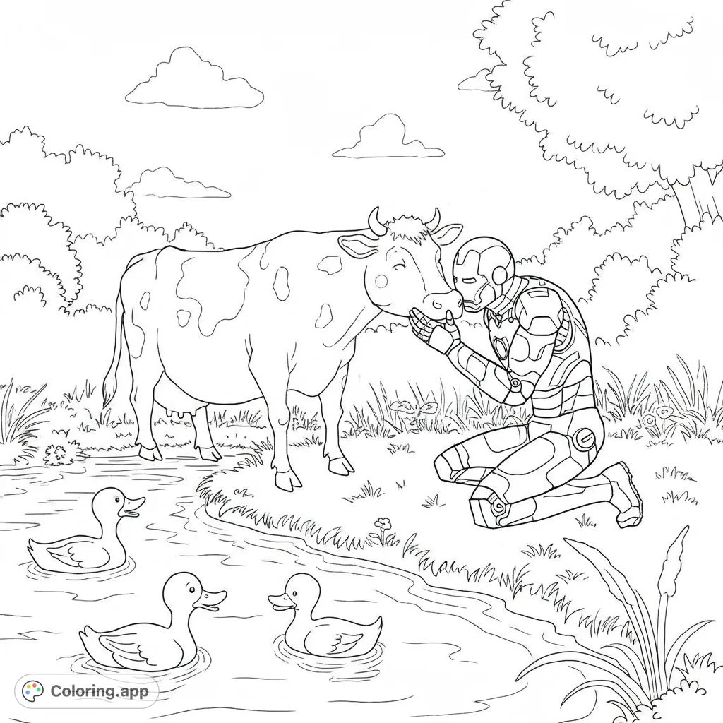 A unique farm scene where a friendly robot kneels to greet a cow, while three ducks swim nearby. A charming, free printable coloring page.